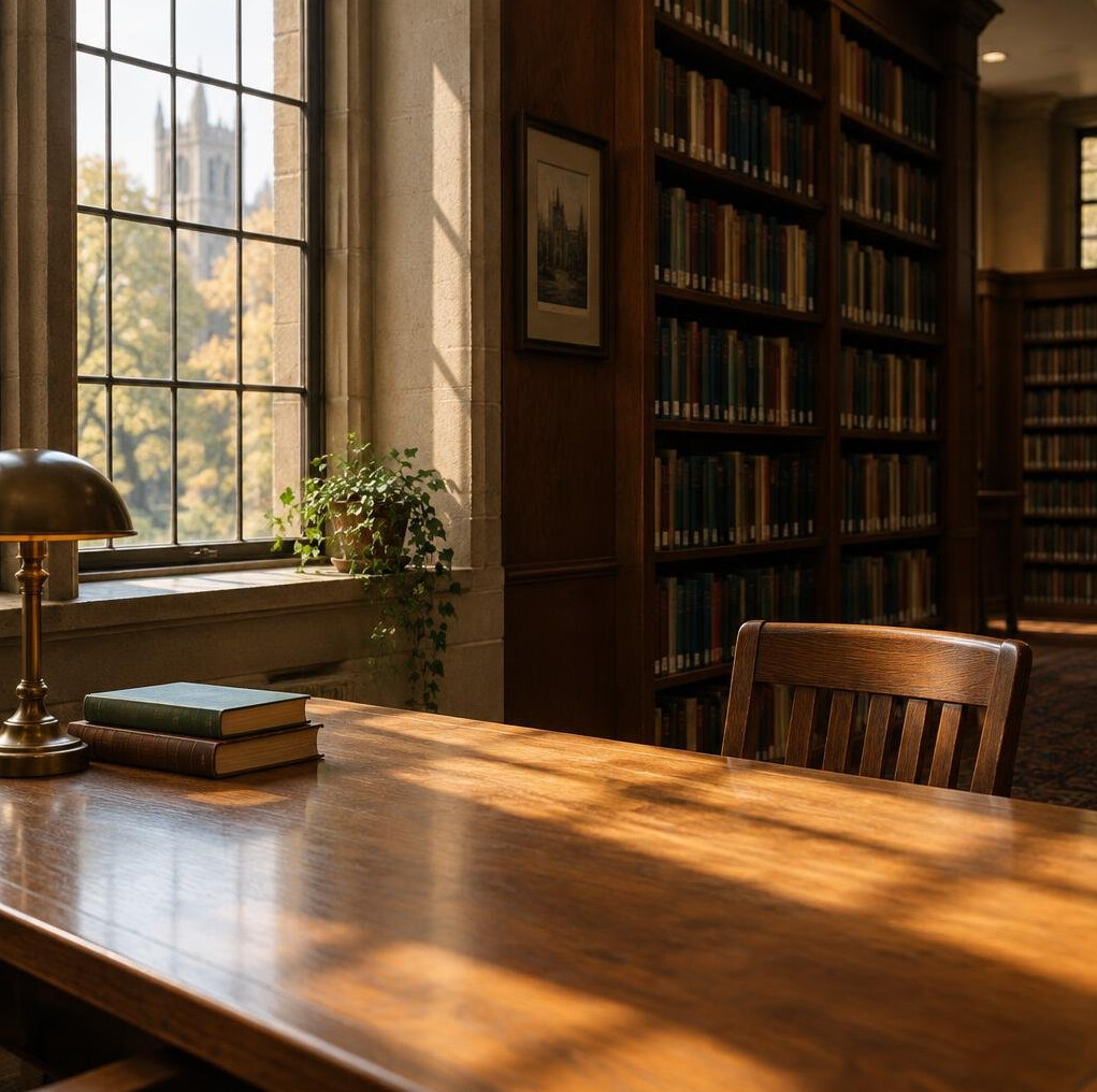 Soft light falling through a library window onto a table