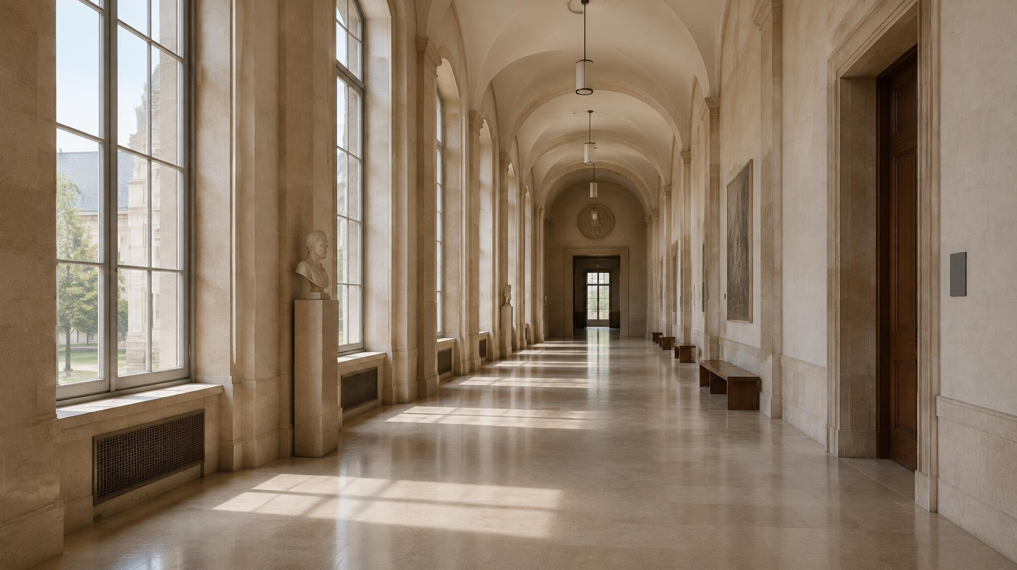 Long corridor of a museum-like academic building