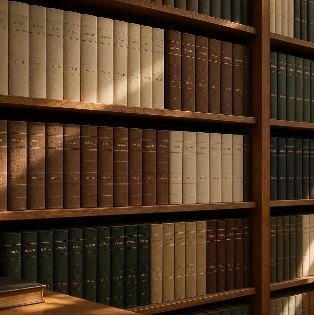 Rows of bound journals in a quiet archive