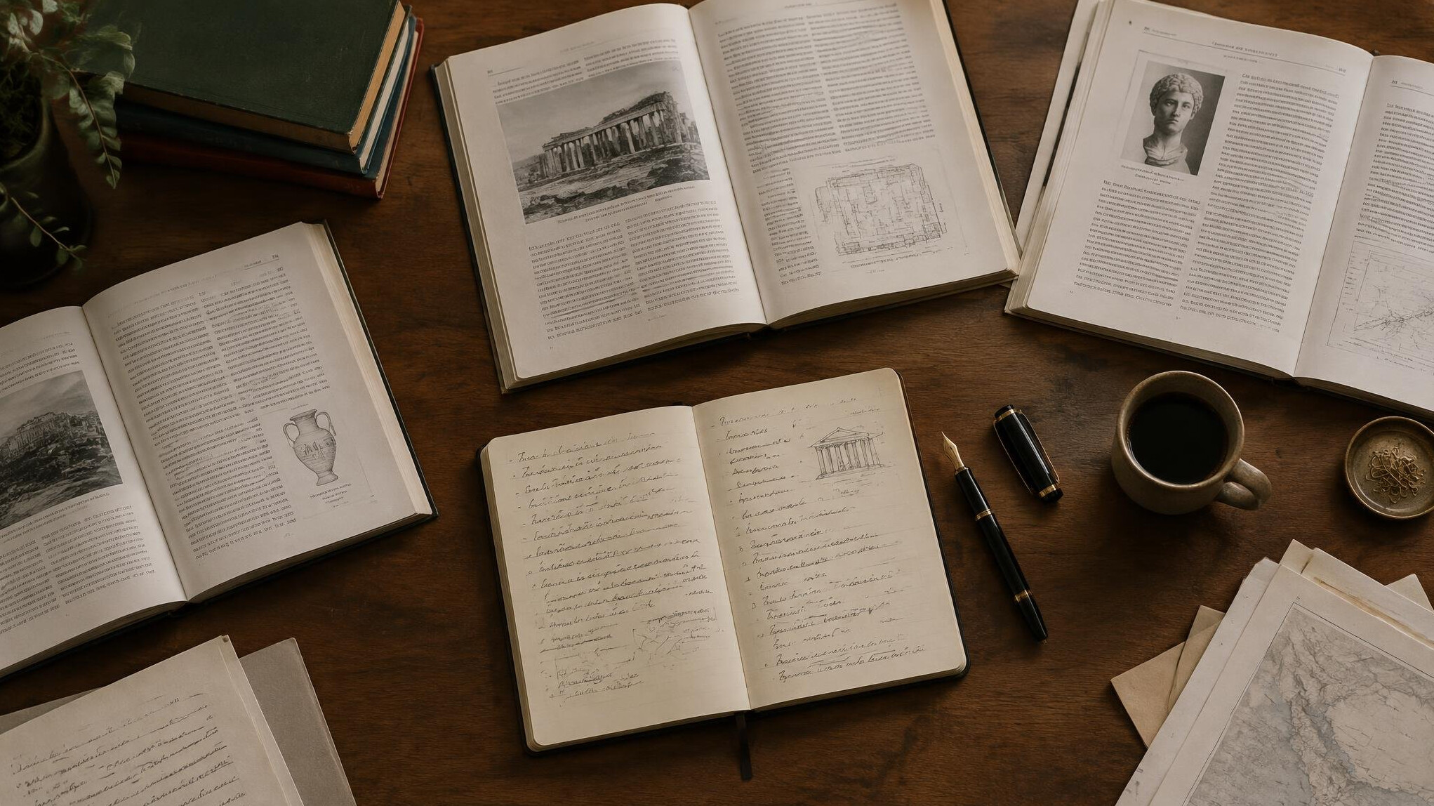 Research notes and open journals on a wooden desk