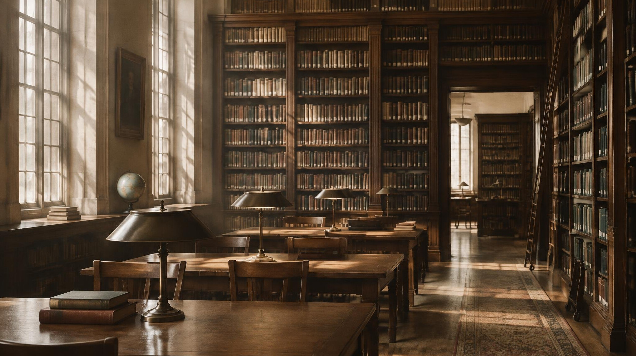Quiet reading room with tall bookshelves and warm light