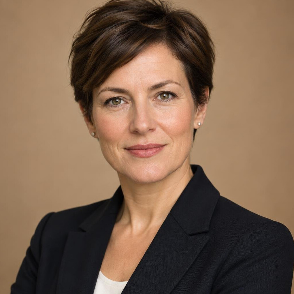 Studio portrait of a German woman in her forties with short brown hair