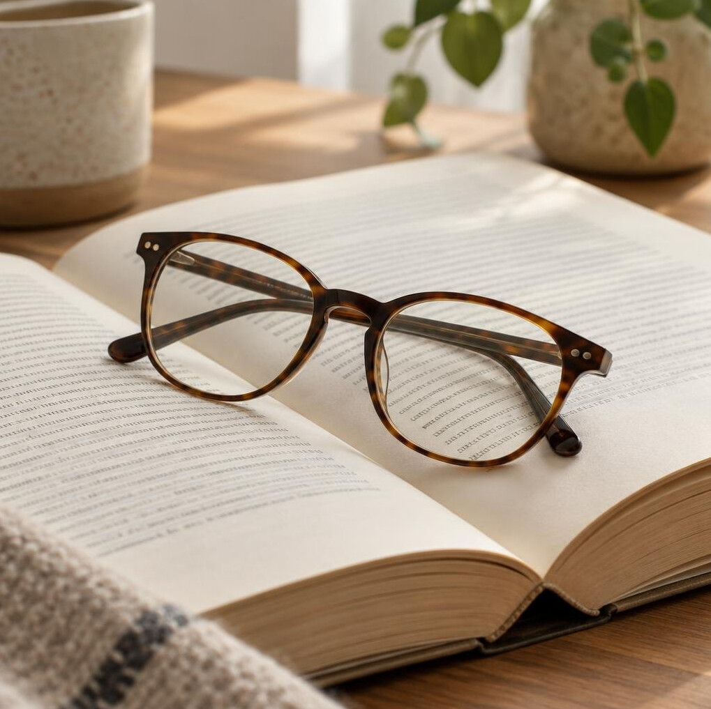 Reading glasses resting on an open book