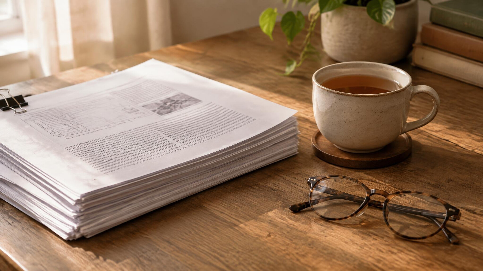 Stack of printed research papers and a cup of tea
