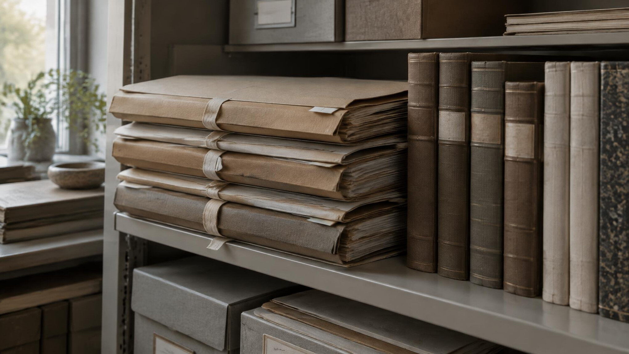 Stacked archival folders and bound journals